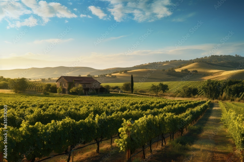 Vinicultural Harvest Reverie: Hyper-Detailed Vineyard Landscape with Ripe Grapes, Picking Labor, and Rustic Country Abode

