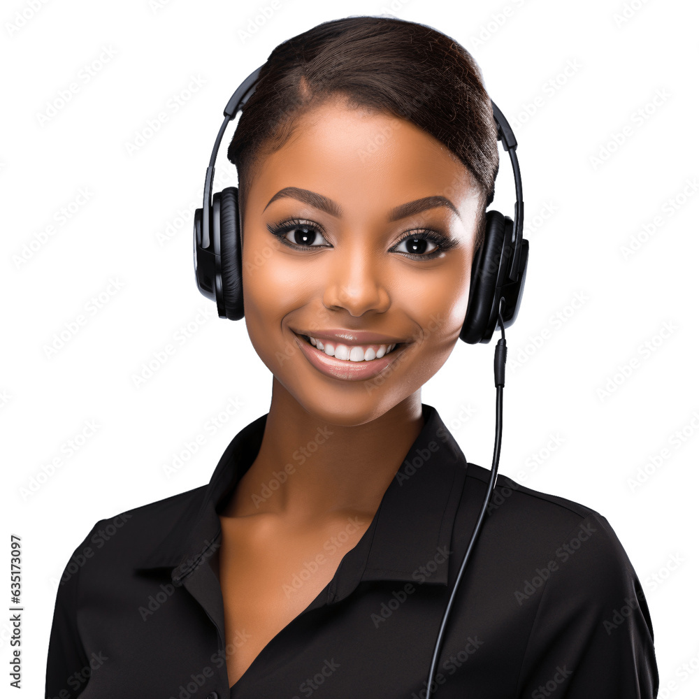 Beautiful female black call center agent isolated on transparent background Beautiful female black call center agent isolated on transparent background
