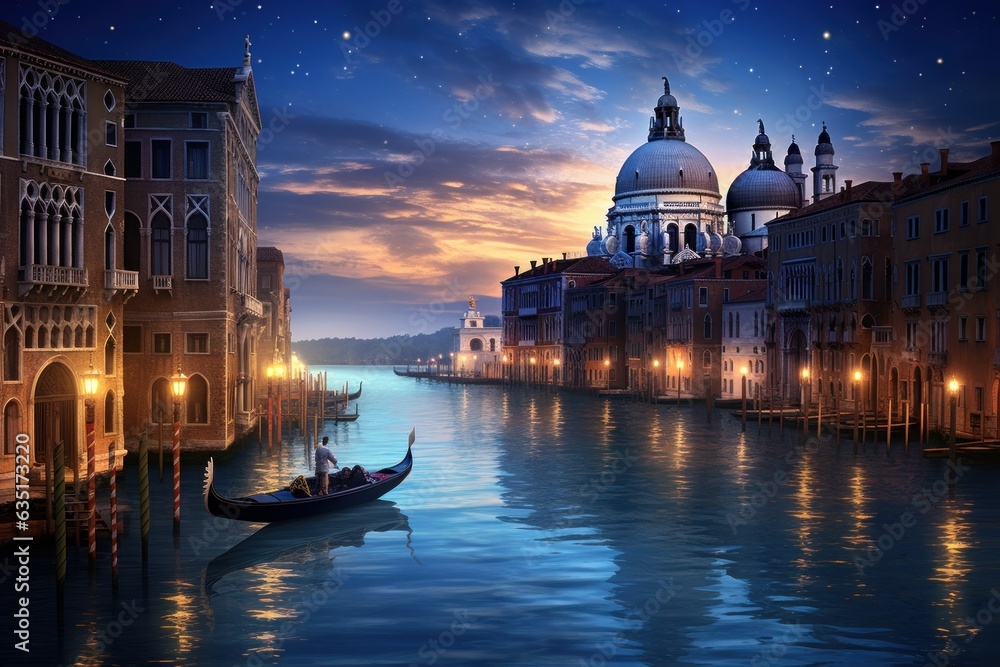Venetian Gondola Melodies: Hyper-Realistic Scene of Gondolier Serenading Amidst Historic Buildings, Sunset's Golden Glow

