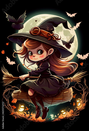 Cute little witch on a broom. AI Generated