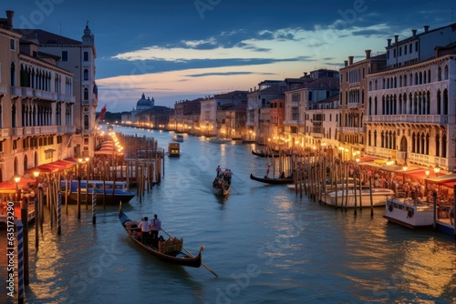 Canalside Serenade in Venice: Hyper-Realistic Image of Gondolier's Serenade, Historic Buildings Reflected, Sunset's Golden Radiance 