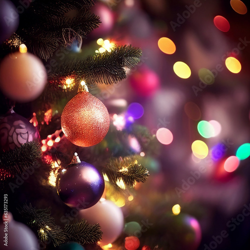 Christmas tree close-up against the background of lights. AI Generated