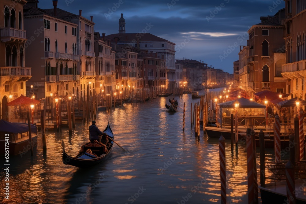 Venetian Canal Serenade: Hyper-Realistic Scene of Gondolier's Melodies, Historic Buildings Reflected in Canals, Sunset's Golden Radiance
