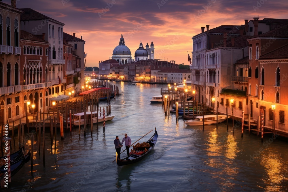 Fototapeta premium Canal Song of Venice: Hyper-Realistic Gondolier Serenading Tourists, Historic Buildings Reflecting in Canals, Sunset's Golden Radiance 