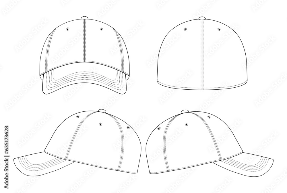 Blank Fitted Baseball Cap Template of front,back and side view Stock