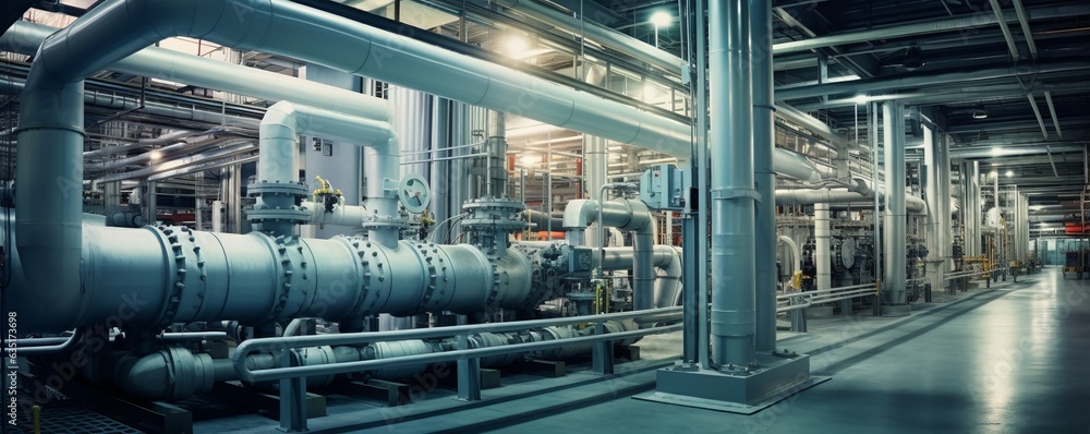 Pipes, tubes, machinery and steam turbine at a power plant background, extra wide