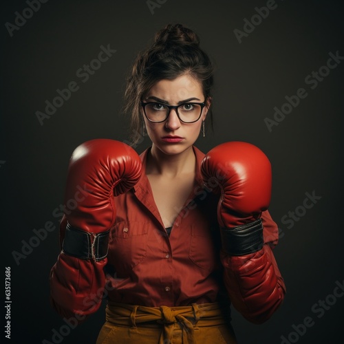 Young office lady wearing box gloves nervous but ready to fight on blurred background, concept of finding jobs and female workloads.