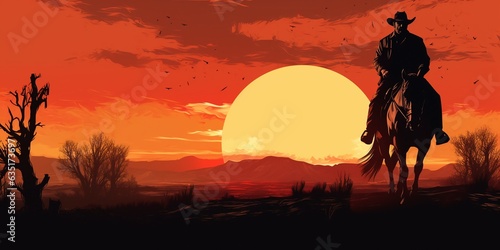A cowboy riding a horse in silhouette against a desert landscape sunset background, with copy space