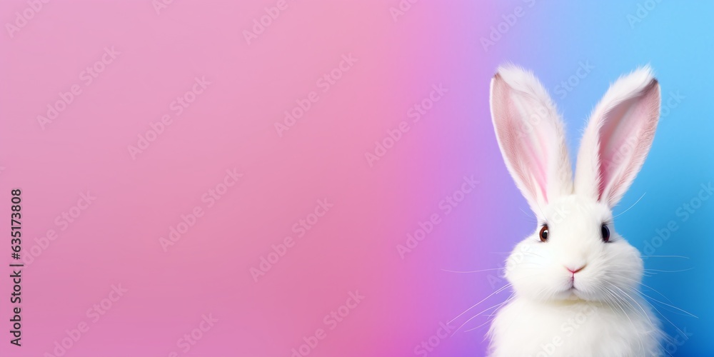 Cute rabbit peeking out of a hole from pink wall. Easter bunny banner, fluffy eared bunny, bunny jump out torn hole, Happy Easter celebration, spring, seasonal, festival, event, copy space.