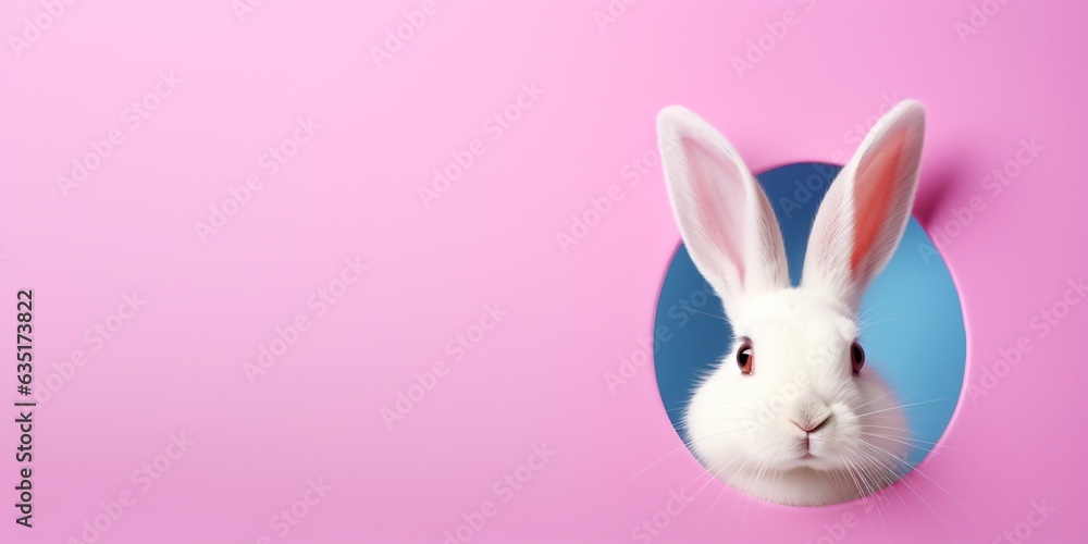 Obraz premium Cute rabbit peeking out of a hole from pink wall. Easter bunny banner, fluffy eared bunny, bunny jump out torn hole, Happy Easter celebration, spring, seasonal, festival, event, copy space.