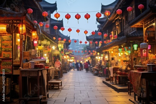 Asian Twilight Bazaar Delight: Hyper-Realistic Scene, Bustling Evening Market, Illuminated Paper Lanterns, Exotic Vendors, Ancient Temple in Distance 