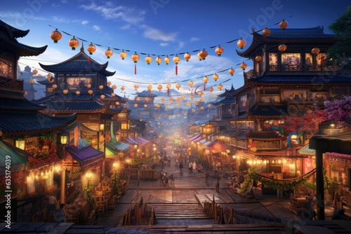 Hyper-Realistic Asian Evening Bazaar: Bustling Market Street with Paper Lanterns, Exotic Fruits, Handmade Crafts, Ancient Temple in Twilight 