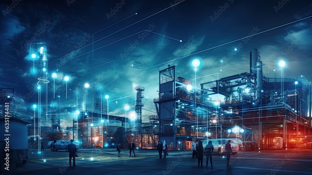 Modern factory, communication network. Telecommunication. IoT, Internet of Things, ICT, Information communication Technology,. Smart factory. Digital transformation, cloud connecting, generate by AI