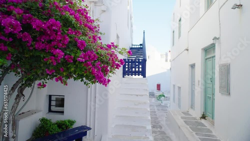 Walking in picturesque scenic narrow streets with traditional whitewashed houses with blue doors windows of Mykonos town in famous tourist attraction Mykonos island, Greece
 photo