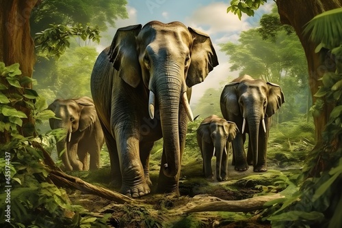 Sri Lankan wild elephants family in the jungle photo