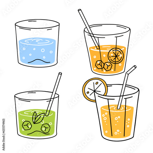 Orange juice, water and mojito. Glass of fresh drink. Thirst quenching and summer cocktail. Trendy outline cartoon
