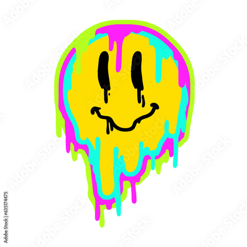 Acid smile face. Melted rave and techno symbol of 90s