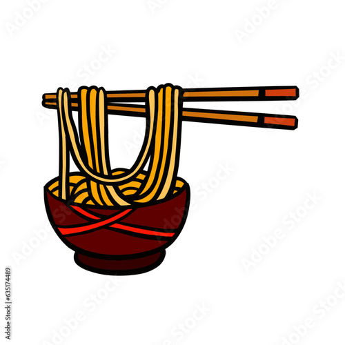 Ramen noodles and wooden sticks in bowl. Chopsticks with long pasta. Asian Japanese and Chinese food.