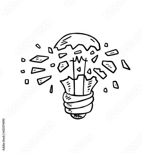 Burst light bulb. Crack in lightbulb. Sketch Shards of glass. Concept of idea and solution of problem. Doodle drawn Electric light.