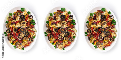 vegetarian BBQ mix on skewers, isolated on white