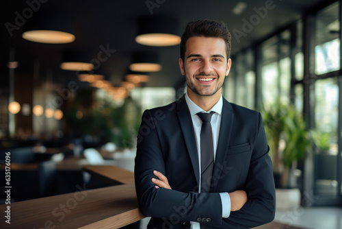 Portrait of successful boss  businessman in business suit looking at camera and smiling  man with crossed arms working inside modern office building