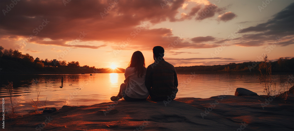 Romantic couple sitting on the bank of the river and looking at the sunset