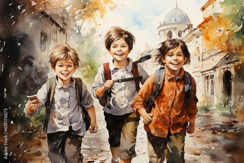 Happy children with backpacks walking in the street, digital painting
