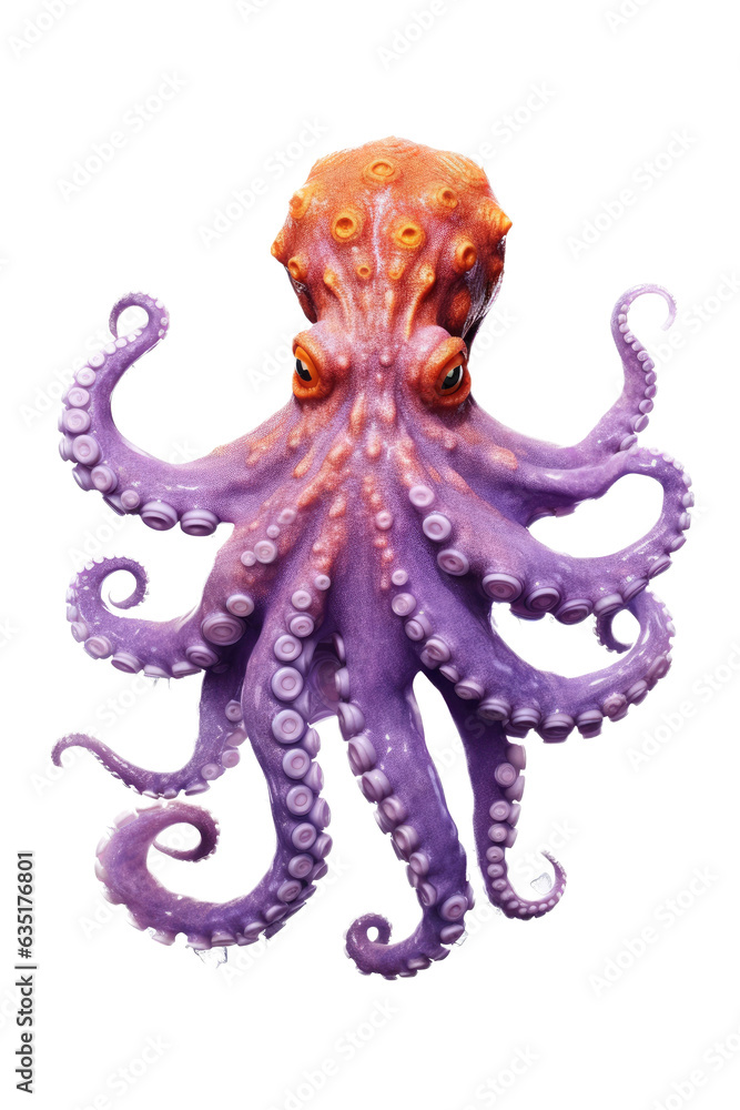 Fototapeta premium a vertical layout of an Octopus, purple and orange colored in a Nature-themed, photorealistic illustration in a PNG, cutout, and isolated. generative AI