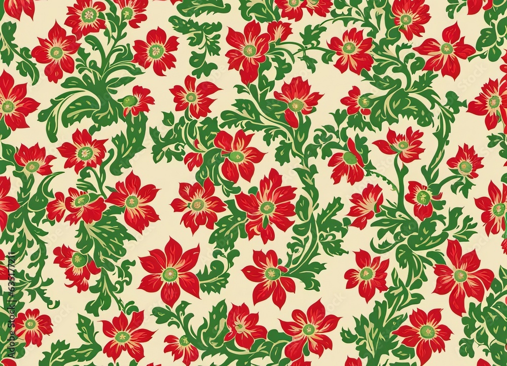 Floraler Hintergrund, Tapete oder Geschenkpapier in Rot, Grün, beige