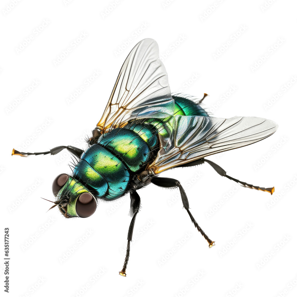 a green bottle fly, 3/4 view facing left, full body in an Agricultural-themed, photorealistic illustration in a PNG, cutout, and isolated. generative AI