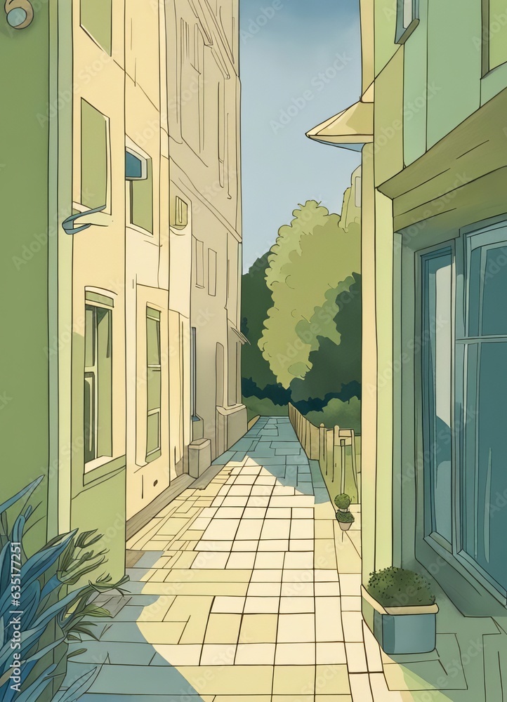 Straße in den Hinterhof mit Gebäuden in gedeckten Farben, Hochformat Straße in den Hinterhof mit Gebäuden in gedeckten Farben, Hochformat