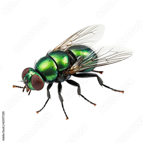 a green bottle fly, 3/4 view facing left, full body in an Agricultural-themed, photorealistic illustration in a PNG, cutout, and isolated. generative AI