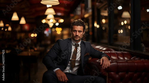 A handsome gentleman wearing a suit sitting relaxed in a dark room. photo