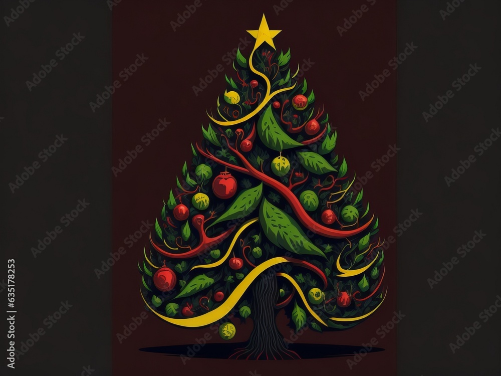 Weihnachtsbaum mit Christbaumkugeln und Christbaumschmuck in dunklen Farben, rot, grün, gelb