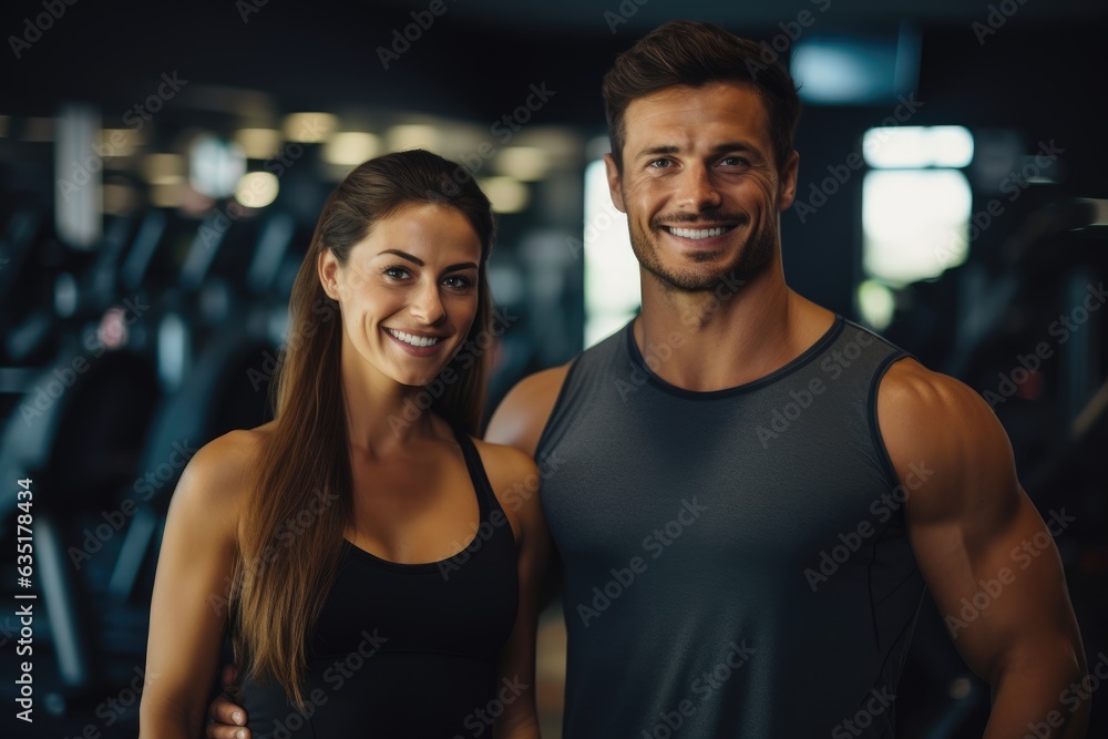 Beautiful sports girl stands next to the athlete in the gym, athletes, gym Beautiful sports girl stands next to the athlete in the gym, athletes, gym