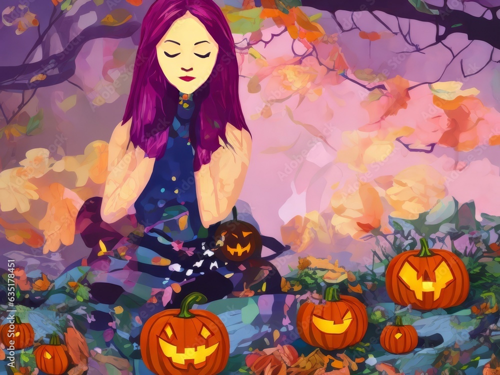 Frau zu Halloween mit Kürbissen vor fantasievoller, unheimlicher Kulisse Frau zu Halloween mit Kürbissen vor fantasievoller, unheimlicher Kulisse