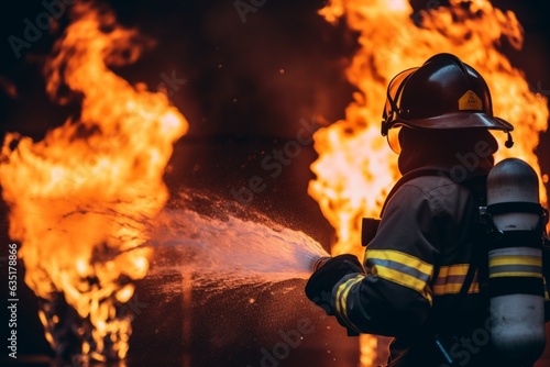Firefighters extinguishing huge fire burning house industrial facility rescuing people fighting flames safety teamwork rescue spraying water firefighter service outdoors safety equipment protection