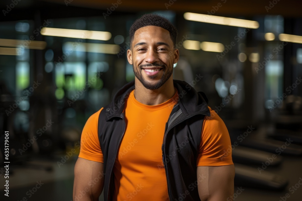 Fototapeta premium Handsome athletic man smiling at the gym, fitness trainer, sport, gym, body builder