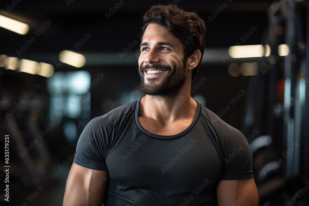 Handsome athletic man smiling at the gym, fitness trainer, sport, gym, body builder