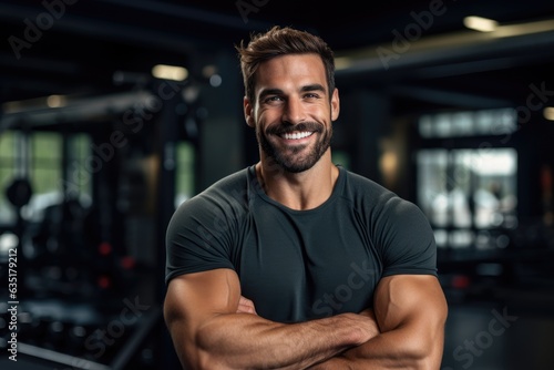 Handsome athletic man smiling at the gym, fitness trainer, sport, gym, body builder