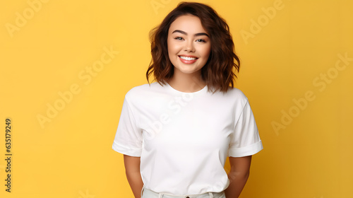 Young woman wearing bella canvas white shirt mockup, at yellow background. Design tshirt template, print presentation mock-up. photo