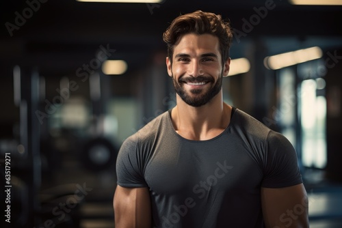 Handsome athletic man smiling at the gym, fitness trainer, sport, gym, body builder