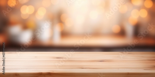 Empty Beautiful wood table top and blur bokeh modern kitchen interior background in clean and bright, Ready for product montage, generative ai