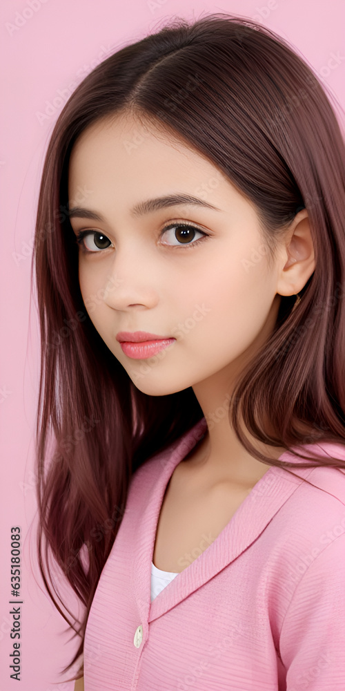 Beautiful girl with long hair pink color background. Beautiful girl with long hair pink color background.