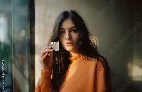 A girl holding a bank credit card.