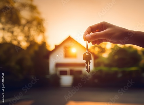 Key in hand on the background of the house, the concept of buying or renting real estate.