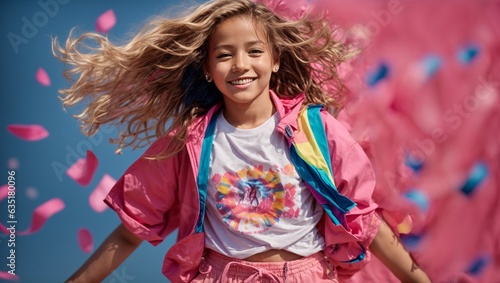 A young girl in a vibrant pink outfit
