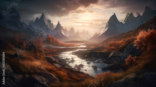 A river flowing through a red forest surrounded by snowy mountains Generative Ai © Eduardo