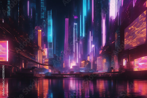A nighttime neon lake in a sky-fi futuristic city of the future. © Mikalai