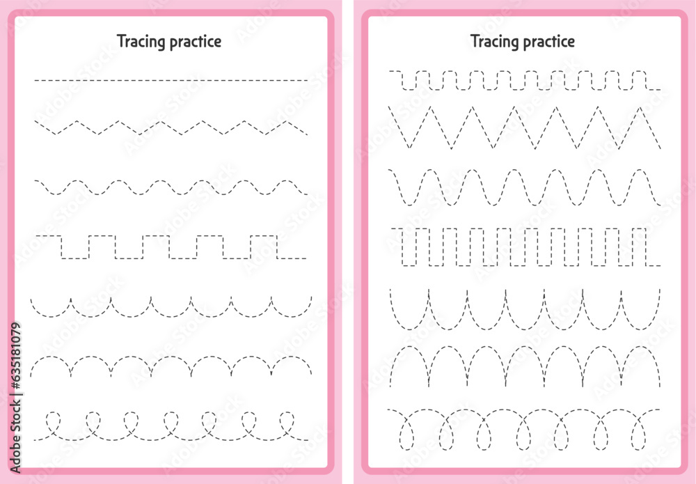 Preschool tracing worksheet for handwriting motor skills. Basic Tracing for kita kids.  Dashed shapes to trace. Hand-eye Coordination motor skills for children. tracing for kindergarten - obrazy, fototapety, plakaty 